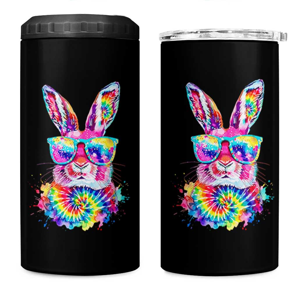 Colorful Tie Dye Bunny with Sunglasses 4 in 1 Can Cooler Tumbler Cool Easter Rabbit Retro Hippie Vibe Graphic Gift