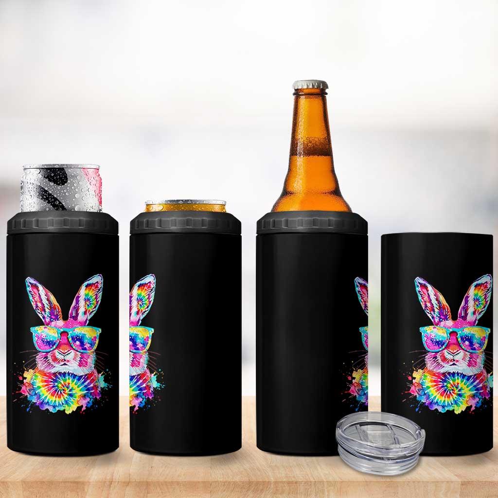 Colorful Tie Dye Bunny with Sunglasses 4 in 1 Can Cooler Tumbler Cool Easter Rabbit Retro Hippie Vibe Graphic Gift