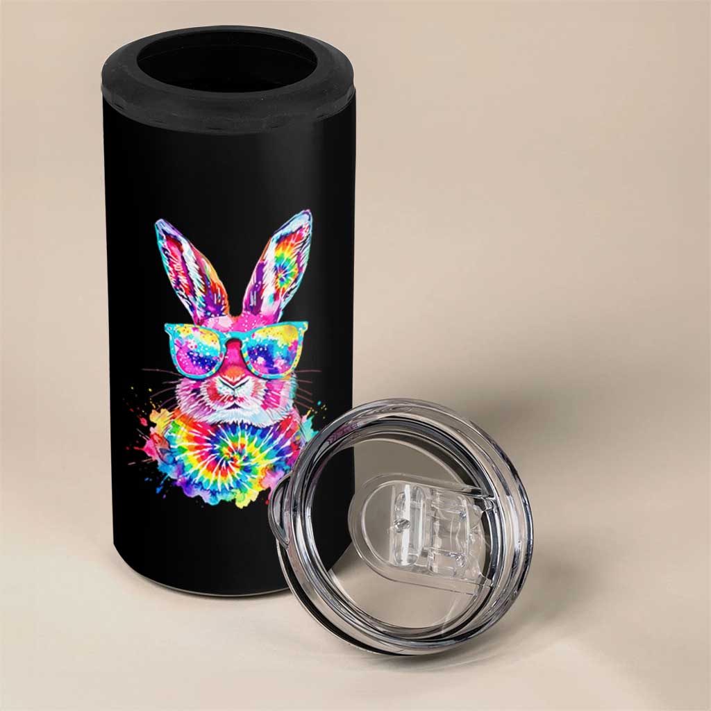 Colorful Tie Dye Bunny with Sunglasses 4 in 1 Can Cooler Tumbler Cool Easter Rabbit Retro Hippie Vibe Graphic Gift