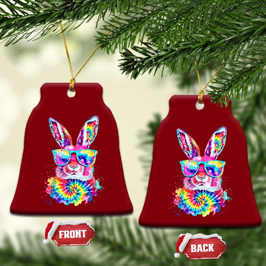 Colorful Tie Dye Bunny with Sunglasses Ceramic Ornament Cool Easter Rabbit Retro Hippie Vibe Graphic Gift