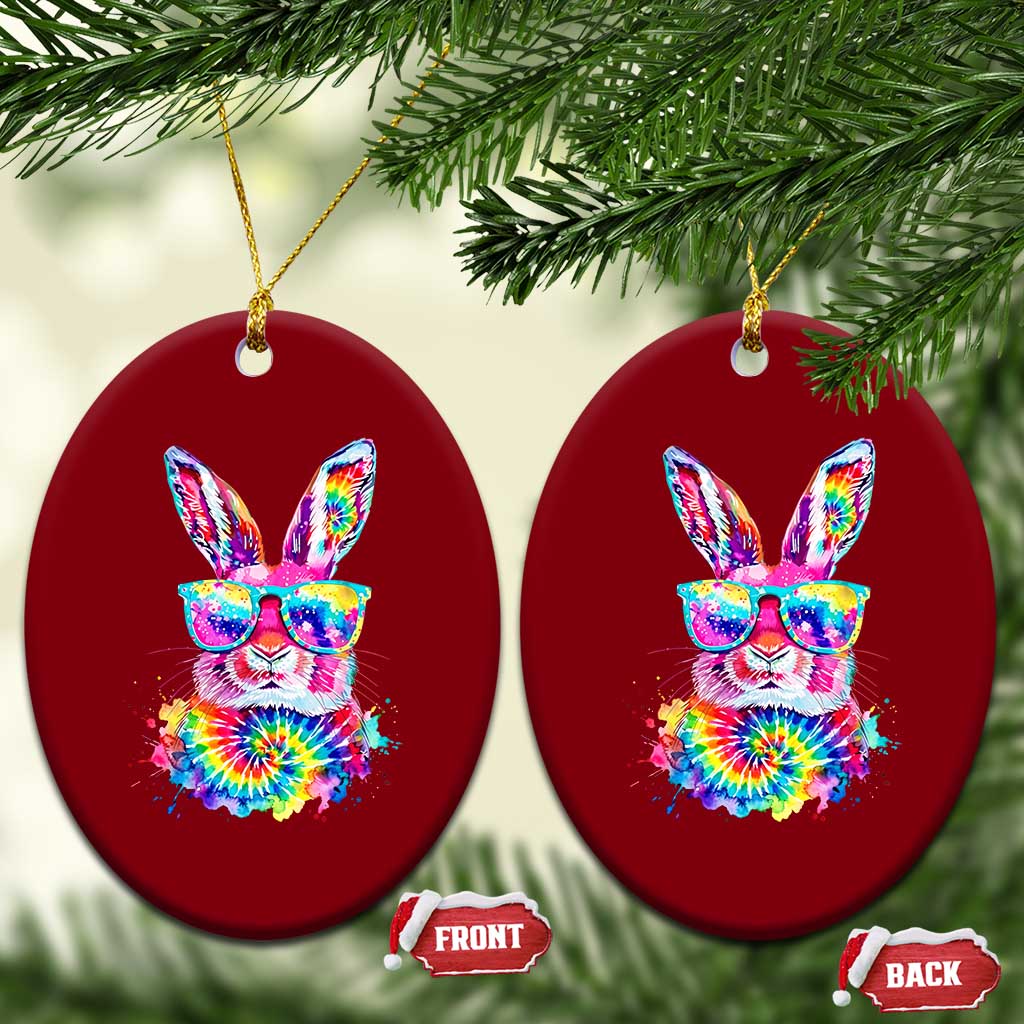 Colorful Tie Dye Bunny with Sunglasses Ceramic Ornament Cool Easter Rabbit Retro Hippie Vibe Graphic Gift