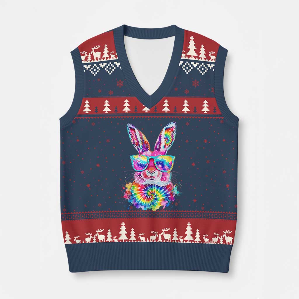 Colorful Tie Dye Bunny with Sunglasses V-Neck Knit Sweater Vest Cool Easter Rabbit Retro Hippie Vibe Graphic Gift