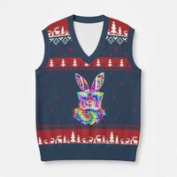 Colorful Tie Dye Bunny with Sunglasses V-Neck Knit Sweater Vest Cool Easter Rabbit Retro Hippie Vibe Graphic Gift