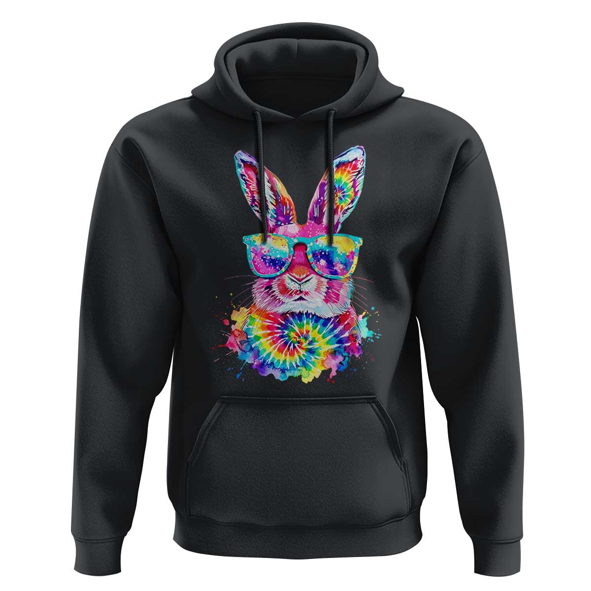 Colorful Tie Dye Bunny with Sunglasses Hoodie Cool Easter Rabbit Retro Hippie Vibe Graphic Gift