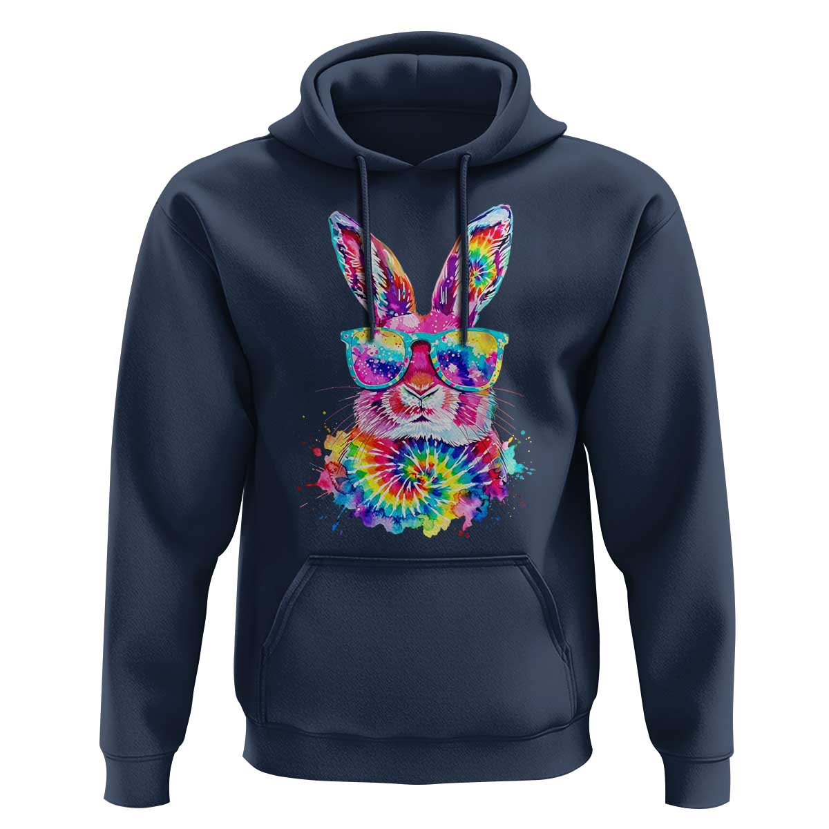 Colorful Tie Dye Bunny with Sunglasses Hoodie Cool Easter Rabbit Retro Hippie Vibe Graphic Gift