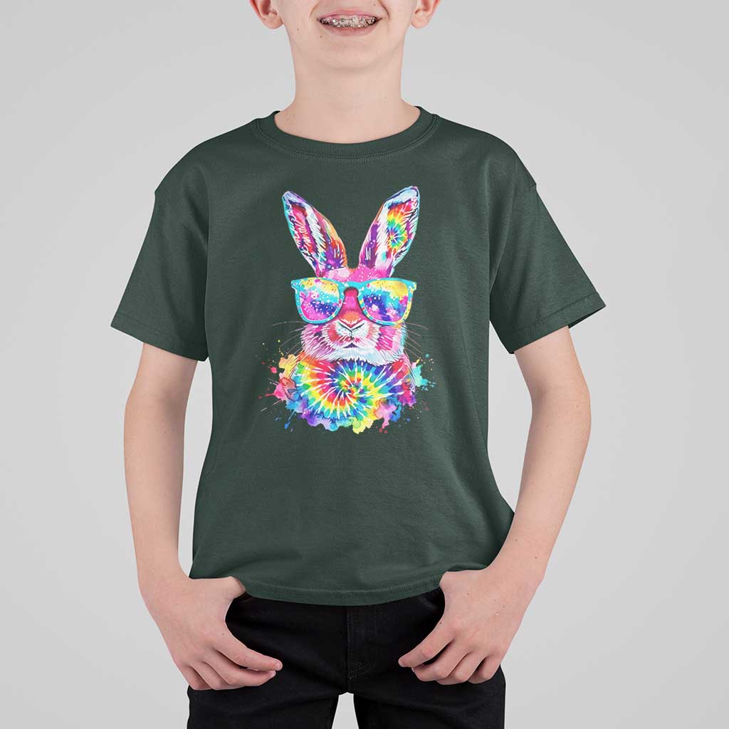 Colorful Tie Dye Bunny with Sunglasses T Shirt For Kid Cool Easter Rabbit Retro Hippie Vibe Graphic Gift