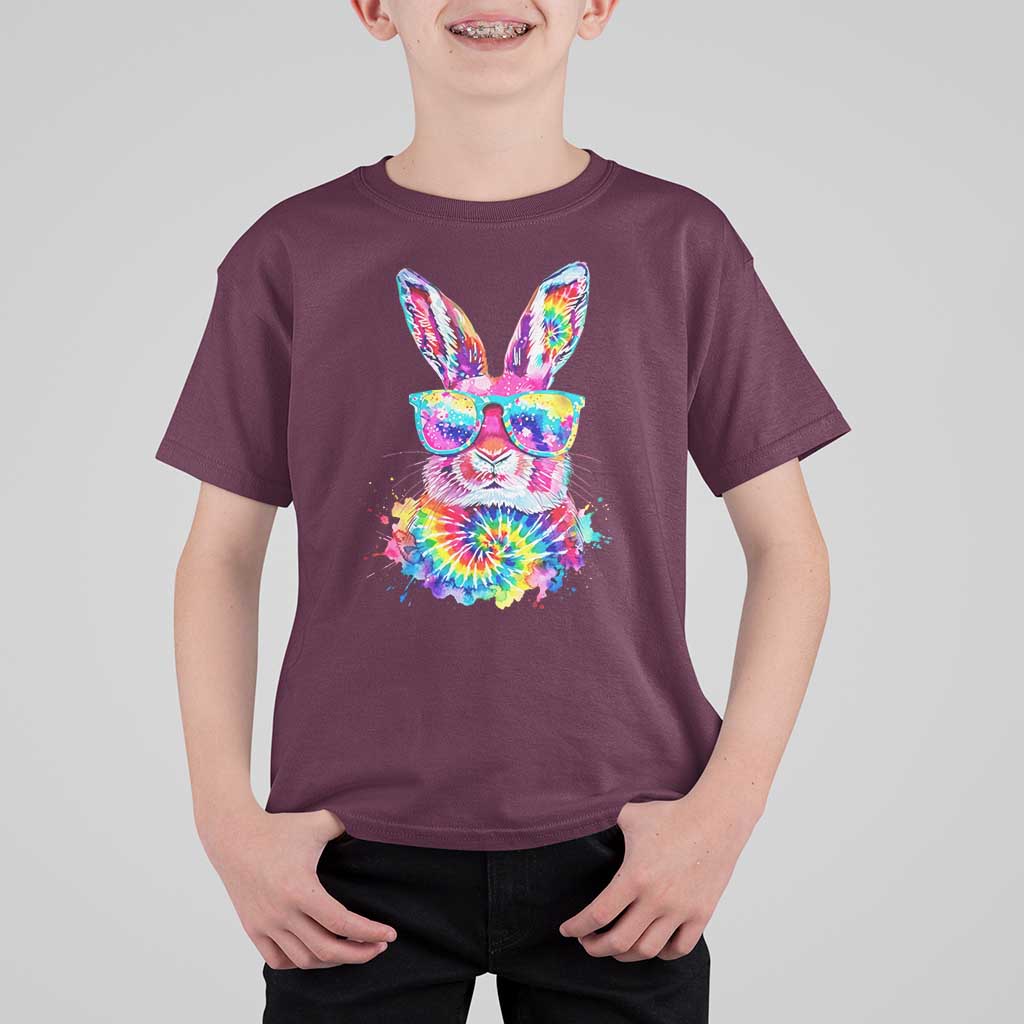 Colorful Tie Dye Bunny with Sunglasses T Shirt For Kid Cool Easter Rabbit Retro Hippie Vibe Graphic Gift