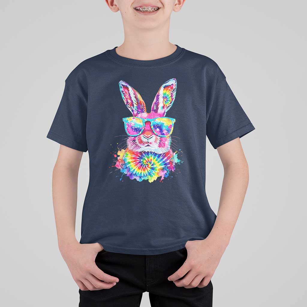 Colorful Tie Dye Bunny with Sunglasses T Shirt For Kid Cool Easter Rabbit Retro Hippie Vibe Graphic Gift