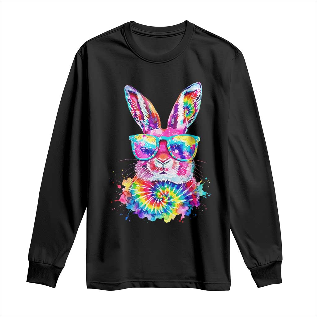 Colorful Tie Dye Bunny with Sunglasses Long Sleeve Shirt Cool Easter Rabbit Retro Hippie Vibe Graphic Gift