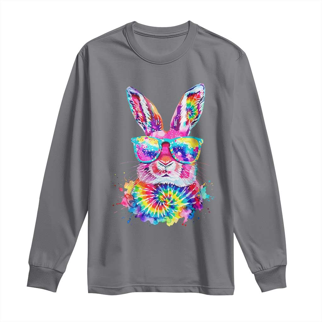 Colorful Tie Dye Bunny with Sunglasses Long Sleeve Shirt Cool Easter Rabbit Retro Hippie Vibe Graphic Gift