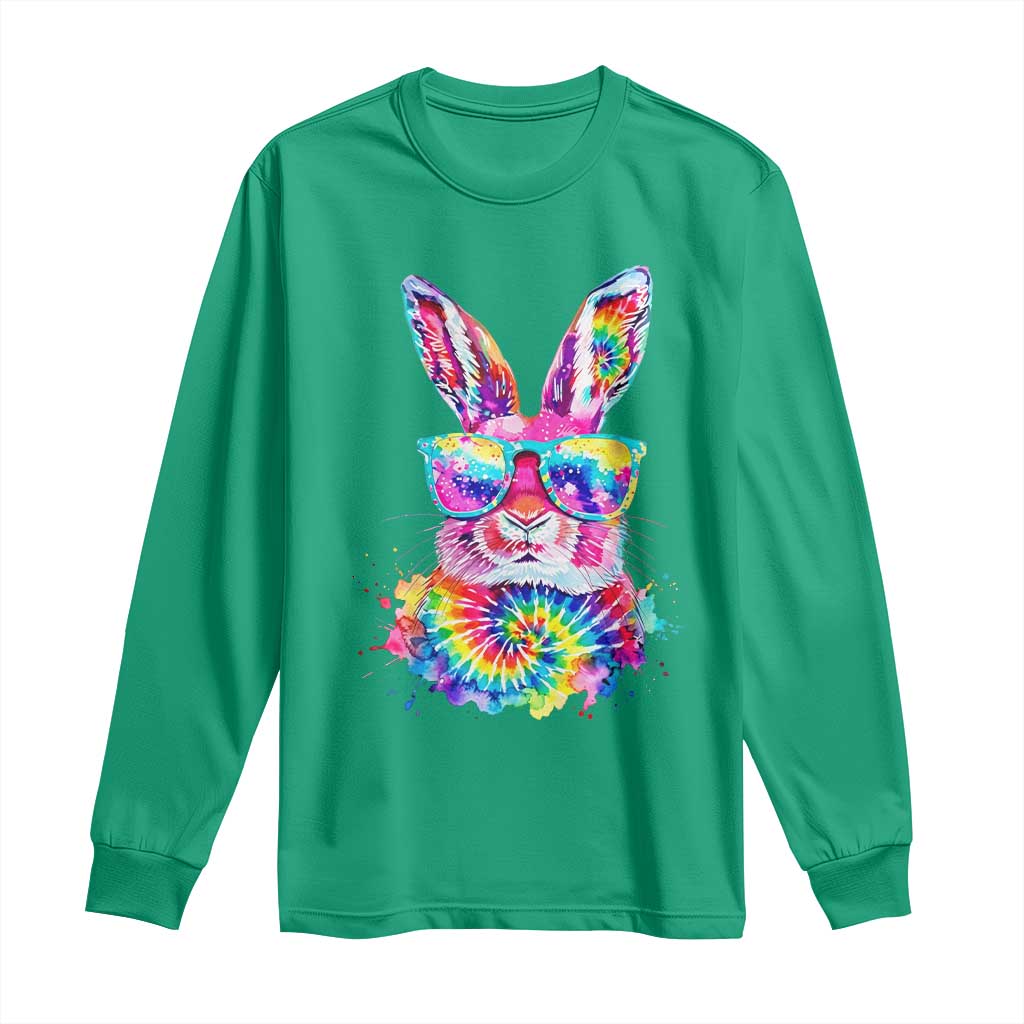 Colorful Tie Dye Bunny with Sunglasses Long Sleeve Shirt Cool Easter Rabbit Retro Hippie Vibe Graphic Gift