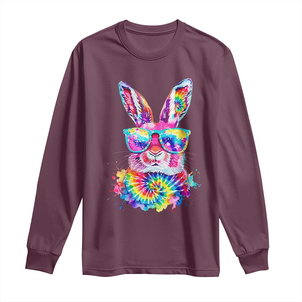 Colorful Tie Dye Bunny with Sunglasses Long Sleeve Shirt Cool Easter Rabbit Retro Hippie Vibe Graphic Gift