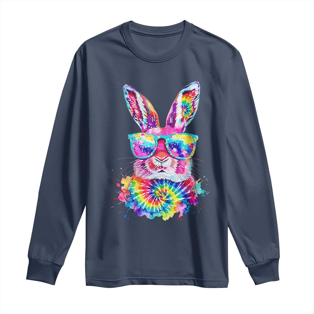 Colorful Tie Dye Bunny with Sunglasses Long Sleeve Shirt Cool Easter Rabbit Retro Hippie Vibe Graphic Gift