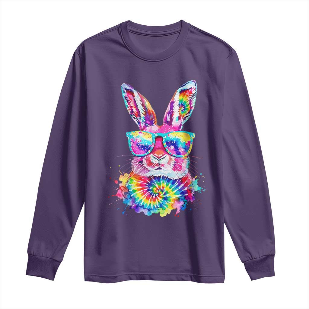 Colorful Tie Dye Bunny with Sunglasses Long Sleeve Shirt Cool Easter Rabbit Retro Hippie Vibe Graphic Gift