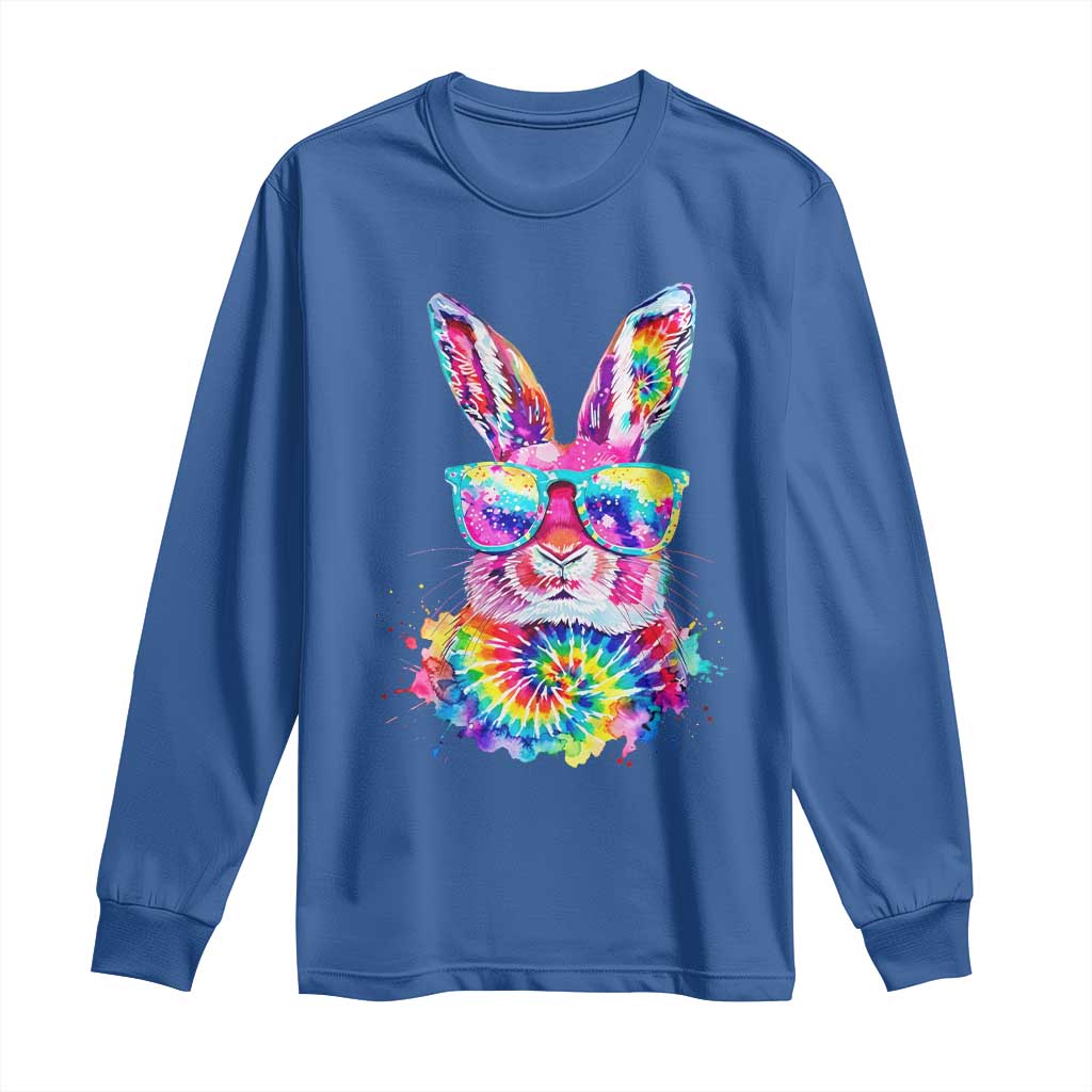 Colorful Tie Dye Bunny with Sunglasses Long Sleeve Shirt Cool Easter Rabbit Retro Hippie Vibe Graphic Gift