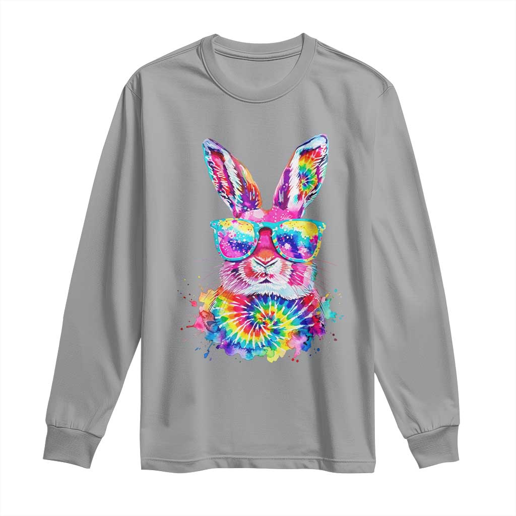 Colorful Tie Dye Bunny with Sunglasses Long Sleeve Shirt Cool Easter Rabbit Retro Hippie Vibe Graphic Gift