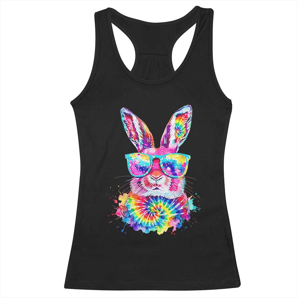 Colorful Tie Dye Bunny with Sunglasses Racerback Tank Top Cool Easter Rabbit Retro Hippie Vibe Graphic Gift