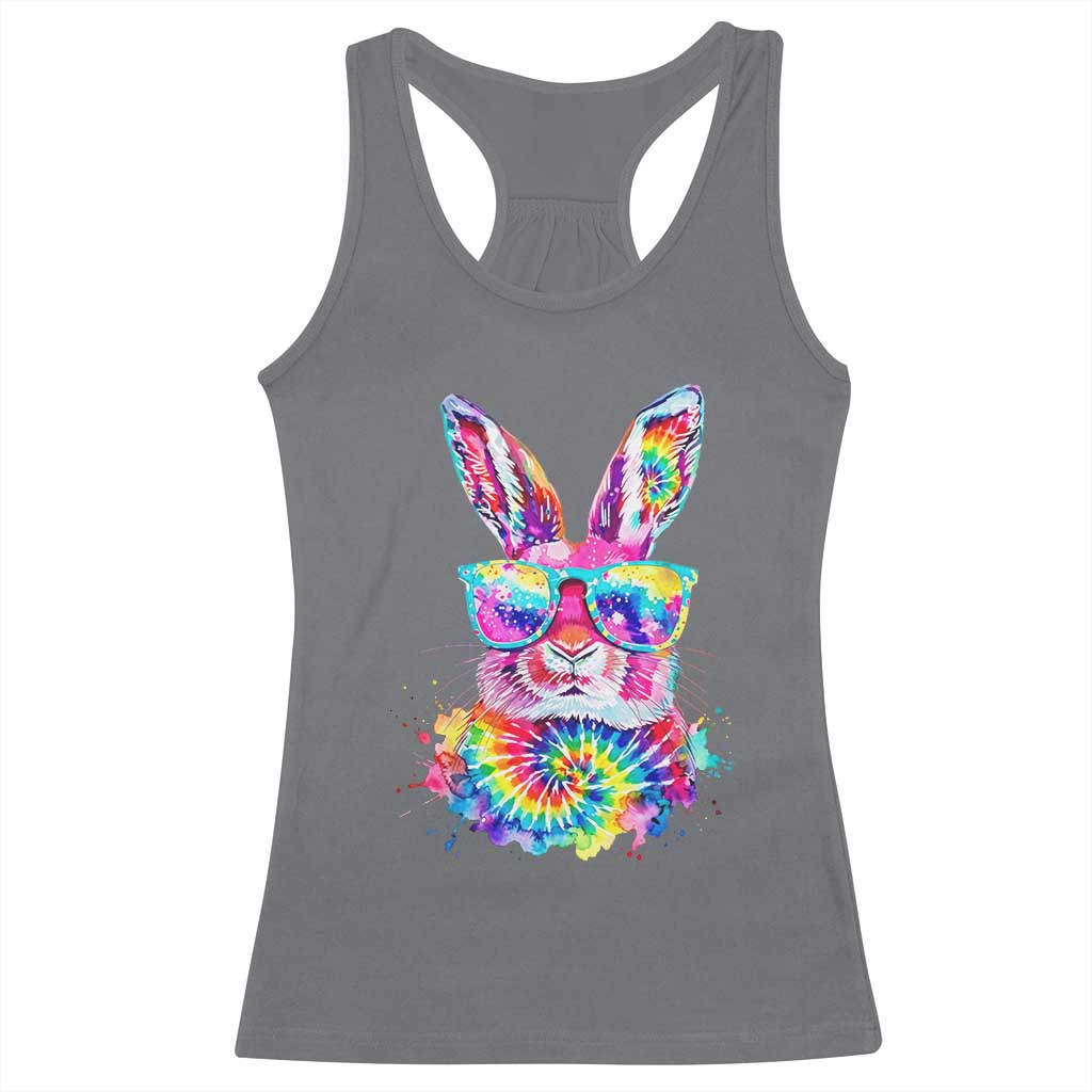 Colorful Tie Dye Bunny with Sunglasses Racerback Tank Top Cool Easter Rabbit Retro Hippie Vibe Graphic Gift