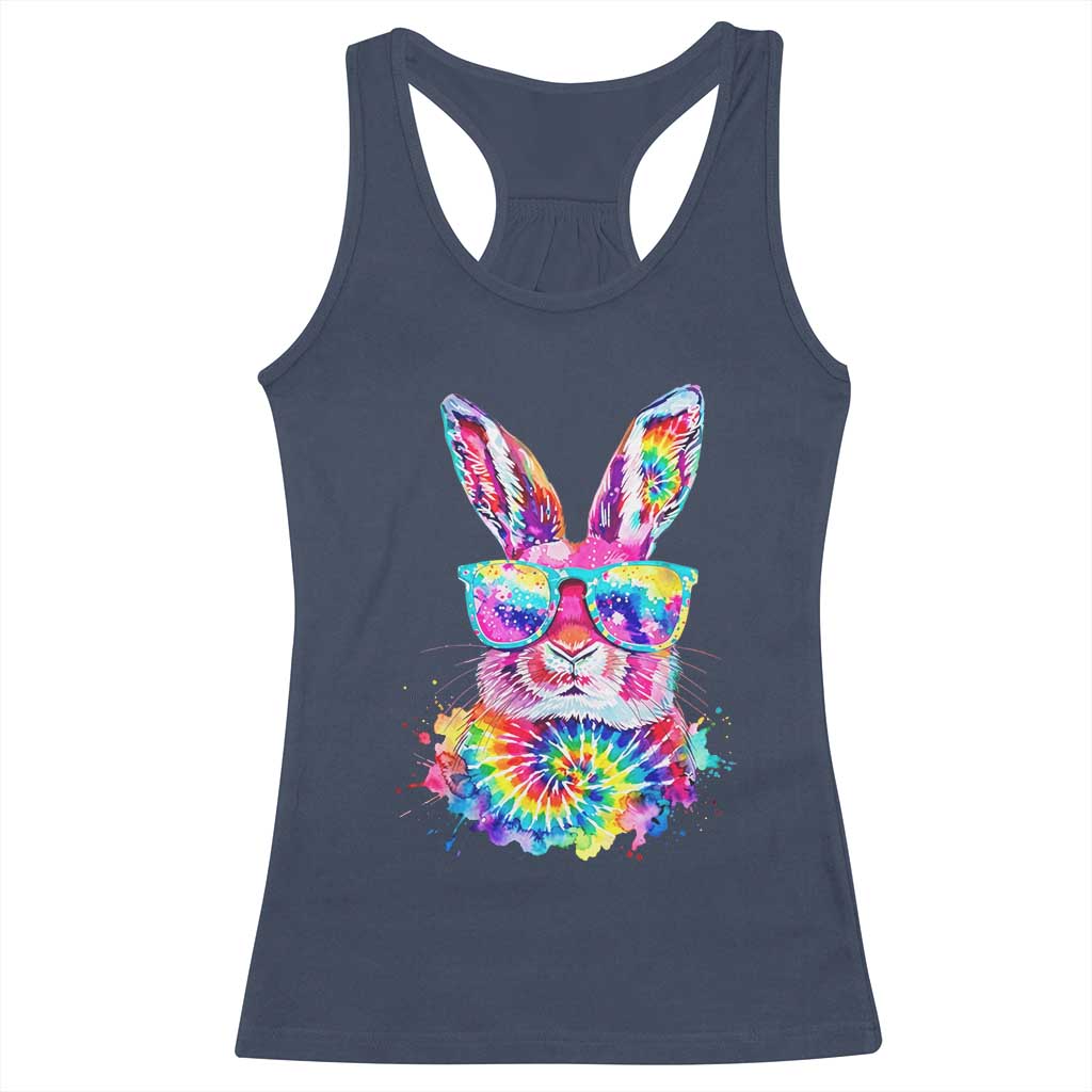 Colorful Tie Dye Bunny with Sunglasses Racerback Tank Top Cool Easter Rabbit Retro Hippie Vibe Graphic Gift