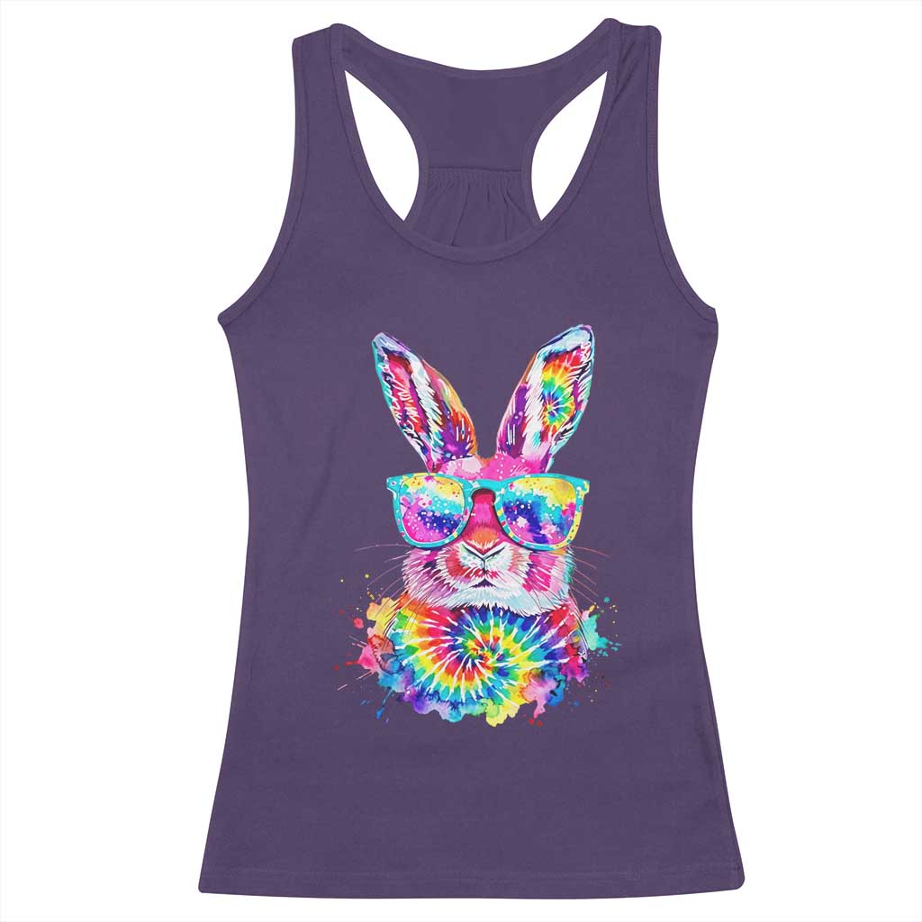 Colorful Tie Dye Bunny with Sunglasses Racerback Tank Top Cool Easter Rabbit Retro Hippie Vibe Graphic Gift