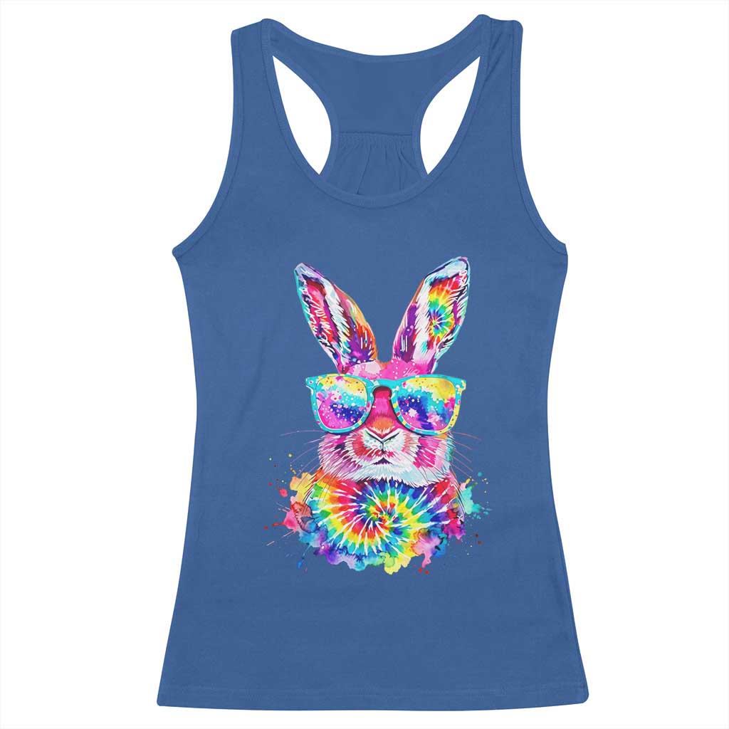 Colorful Tie Dye Bunny with Sunglasses Racerback Tank Top Cool Easter Rabbit Retro Hippie Vibe Graphic Gift