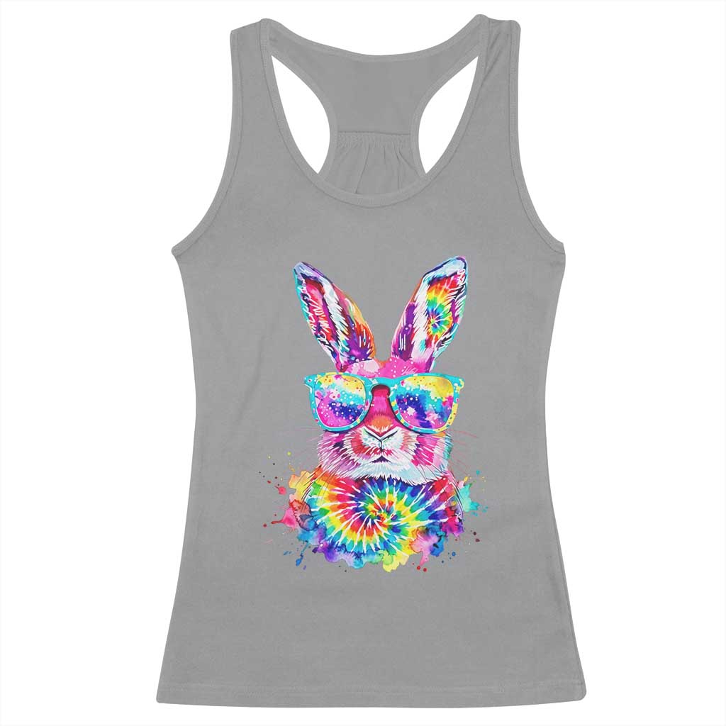 Colorful Tie Dye Bunny with Sunglasses Racerback Tank Top Cool Easter Rabbit Retro Hippie Vibe Graphic Gift