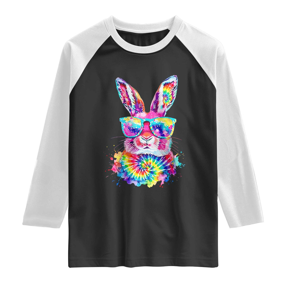 Colorful Tie Dye Bunny with Sunglasses Raglan Shirt Cool Easter Rabbit Retro Hippie Vibe Graphic Gift