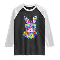 Colorful Tie Dye Bunny with Sunglasses Raglan Shirt Cool Easter Rabbit Retro Hippie Vibe Graphic Gift
