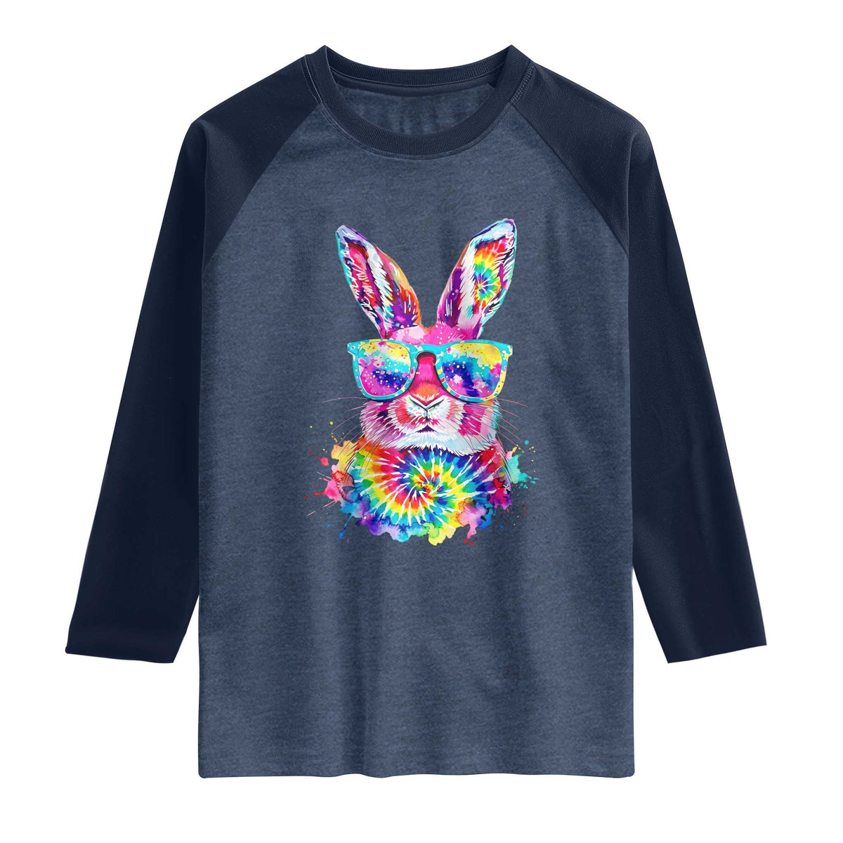 Colorful Tie Dye Bunny with Sunglasses Raglan Shirt Cool Easter Rabbit Retro Hippie Vibe Graphic Gift