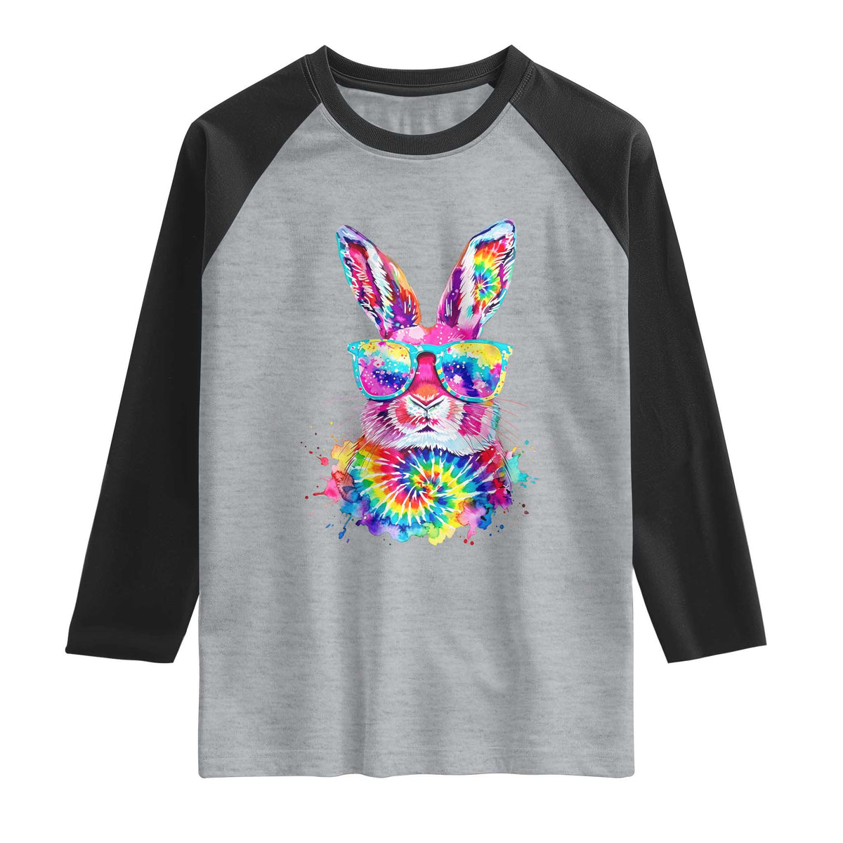 Colorful Tie Dye Bunny with Sunglasses Raglan Shirt Cool Easter Rabbit Retro Hippie Vibe Graphic Gift