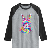 Colorful Tie Dye Bunny with Sunglasses Raglan Shirt Cool Easter Rabbit Retro Hippie Vibe Graphic Gift