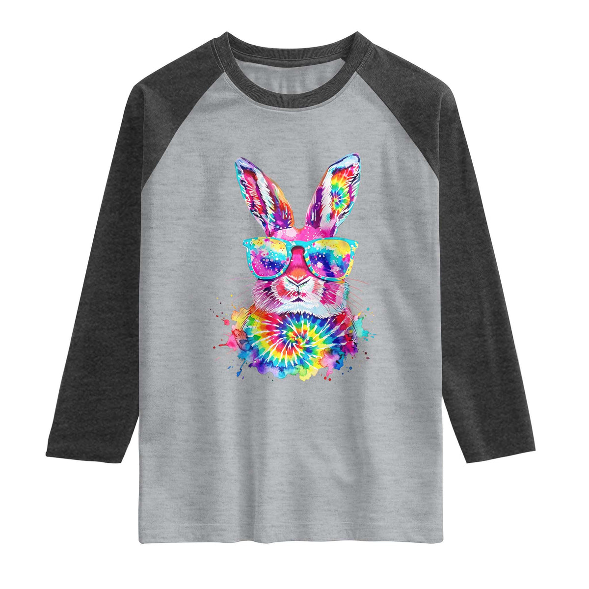 Colorful Tie Dye Bunny with Sunglasses Raglan Shirt Cool Easter Rabbit Retro Hippie Vibe Graphic Gift