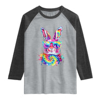 Colorful Tie Dye Bunny with Sunglasses Raglan Shirt Cool Easter Rabbit Retro Hippie Vibe Graphic Gift