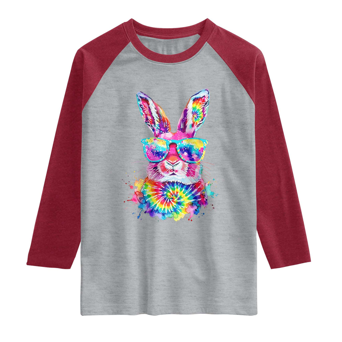 Colorful Tie Dye Bunny with Sunglasses Raglan Shirt Cool Easter Rabbit Retro Hippie Vibe Graphic Gift