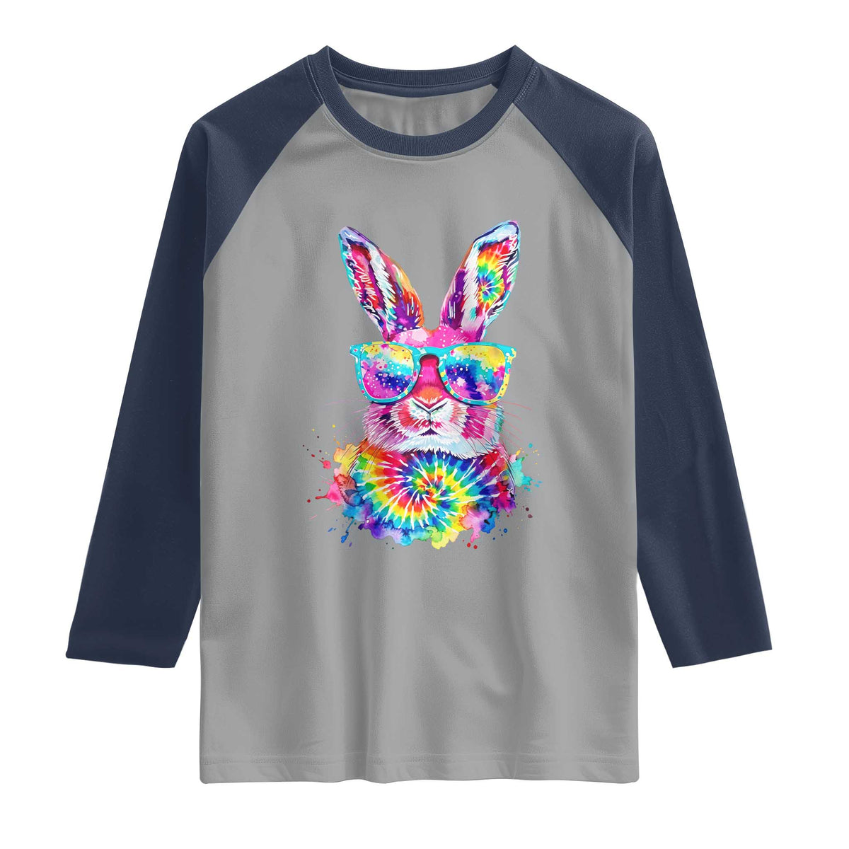 Colorful Tie Dye Bunny with Sunglasses Raglan Shirt Cool Easter Rabbit Retro Hippie Vibe Graphic Gift