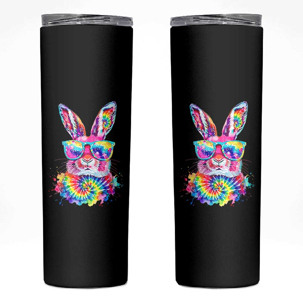 Colorful Tie Dye Bunny with Sunglasses Skinny Tumbler Cool Easter Rabbit Retro Hippie Vibe Graphic Gift