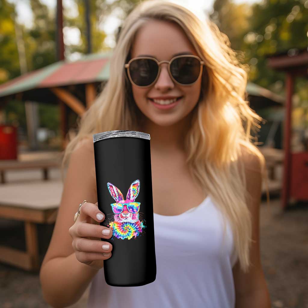 Colorful Tie Dye Bunny with Sunglasses Skinny Tumbler Cool Easter Rabbit Retro Hippie Vibe Graphic Gift