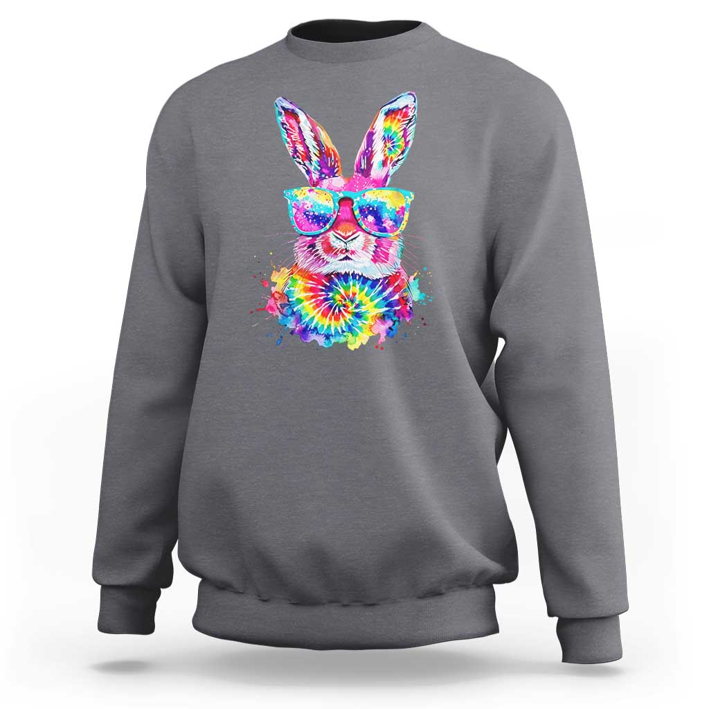 Colorful Tie Dye Bunny with Sunglasses Sweatshirt Cool Easter Rabbit Retro Hippie Vibe Graphic Gift