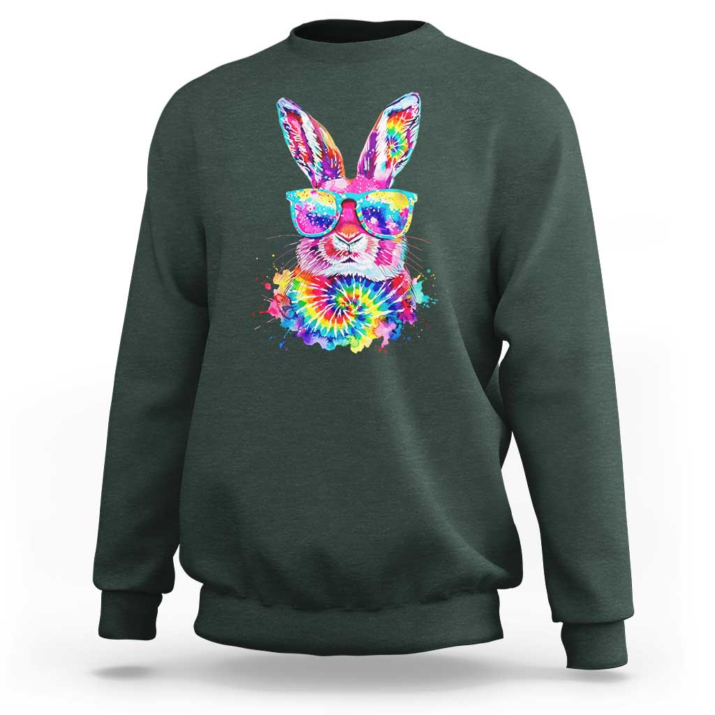 Colorful Tie Dye Bunny with Sunglasses Sweatshirt Cool Easter Rabbit Retro Hippie Vibe Graphic Gift