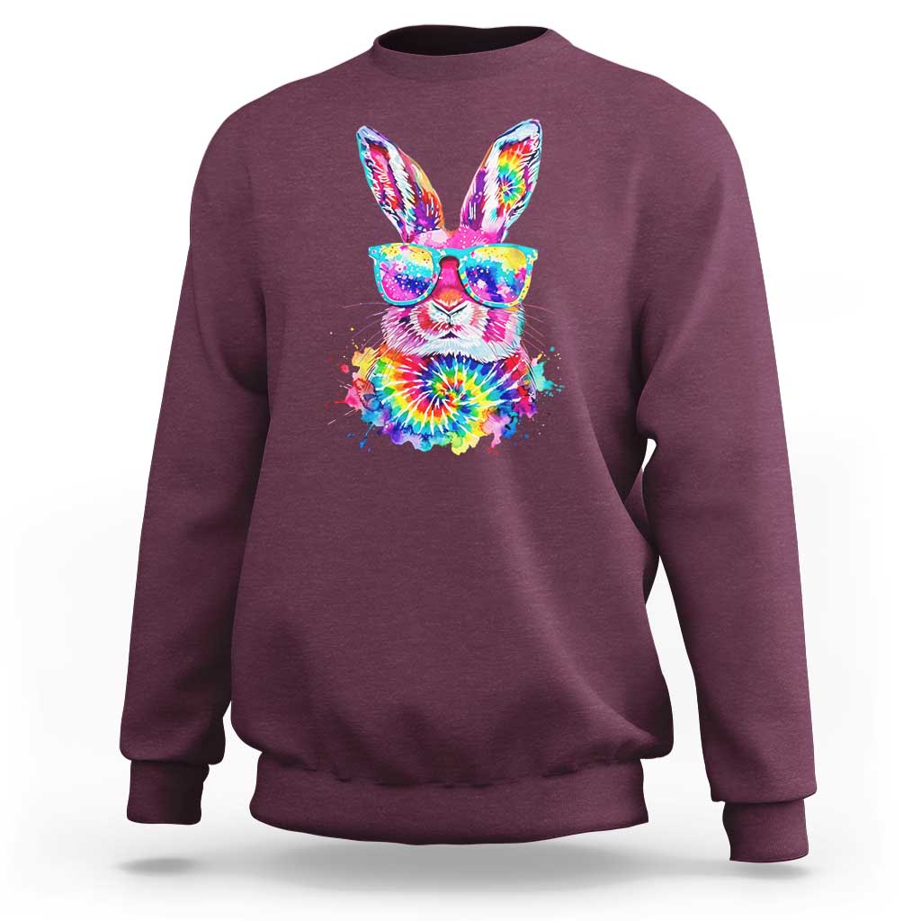 Colorful Tie Dye Bunny with Sunglasses Sweatshirt Cool Easter Rabbit Retro Hippie Vibe Graphic Gift