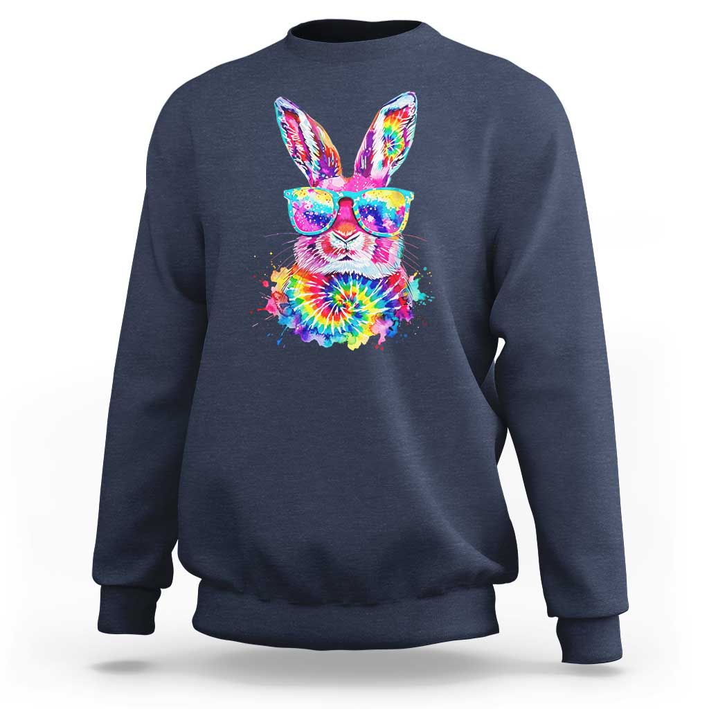 Colorful Tie Dye Bunny with Sunglasses Sweatshirt Cool Easter Rabbit Retro Hippie Vibe Graphic Gift