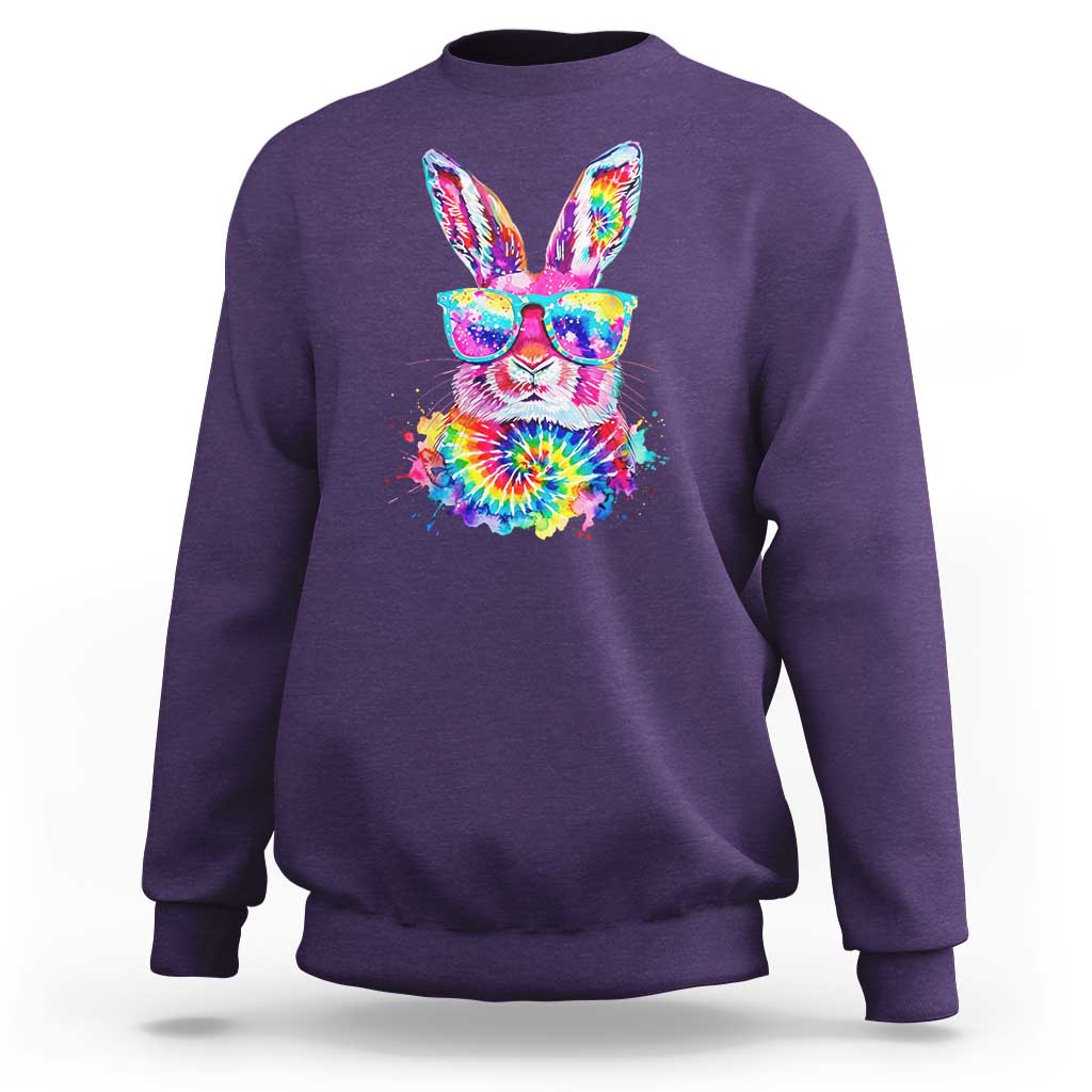Colorful Tie Dye Bunny with Sunglasses Sweatshirt Cool Easter Rabbit Retro Hippie Vibe Graphic Gift
