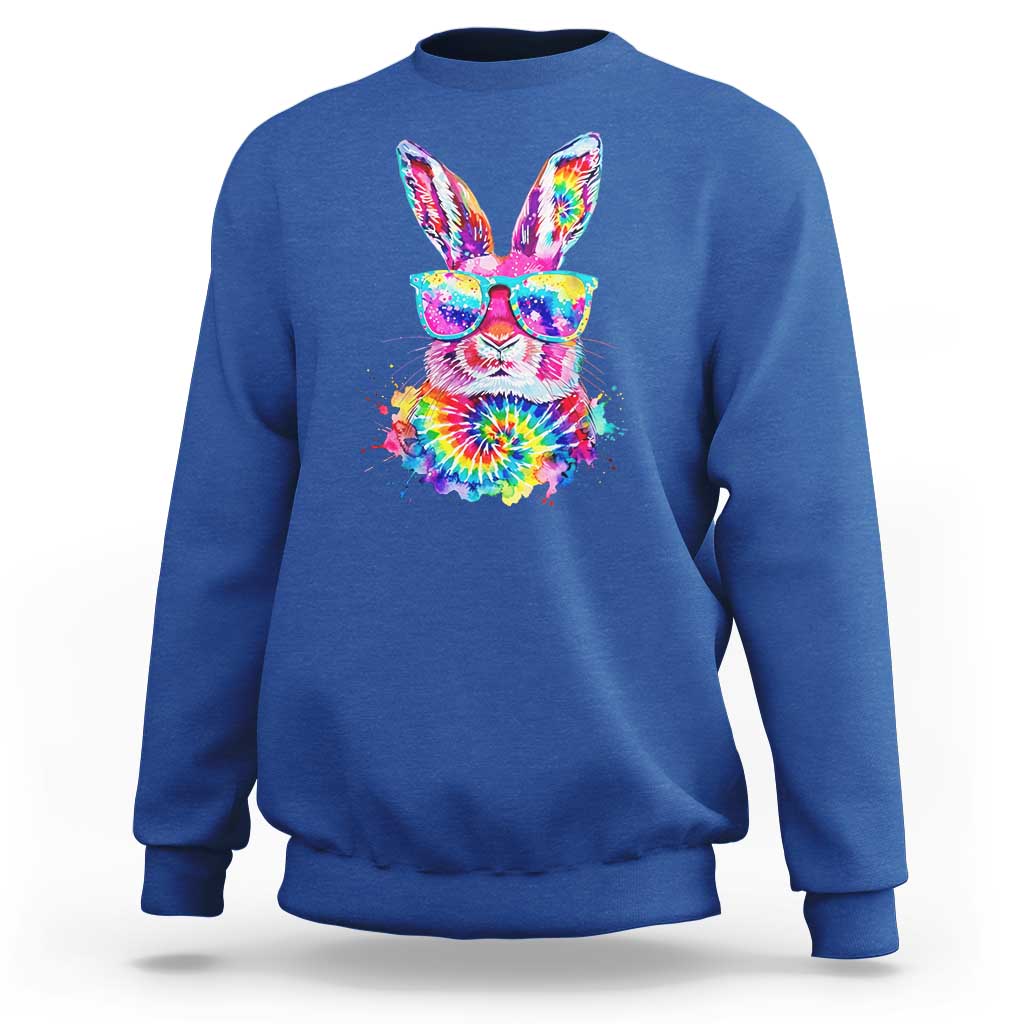 Colorful Tie Dye Bunny with Sunglasses Sweatshirt Cool Easter Rabbit Retro Hippie Vibe Graphic Gift