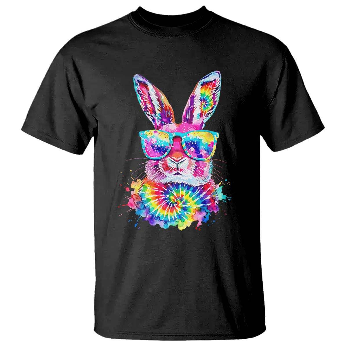 Colorful Tie Dye Bunny with Sunglasses T Shirt Cool Easter Rabbit Retro Hippie Vibe Graphic Gift