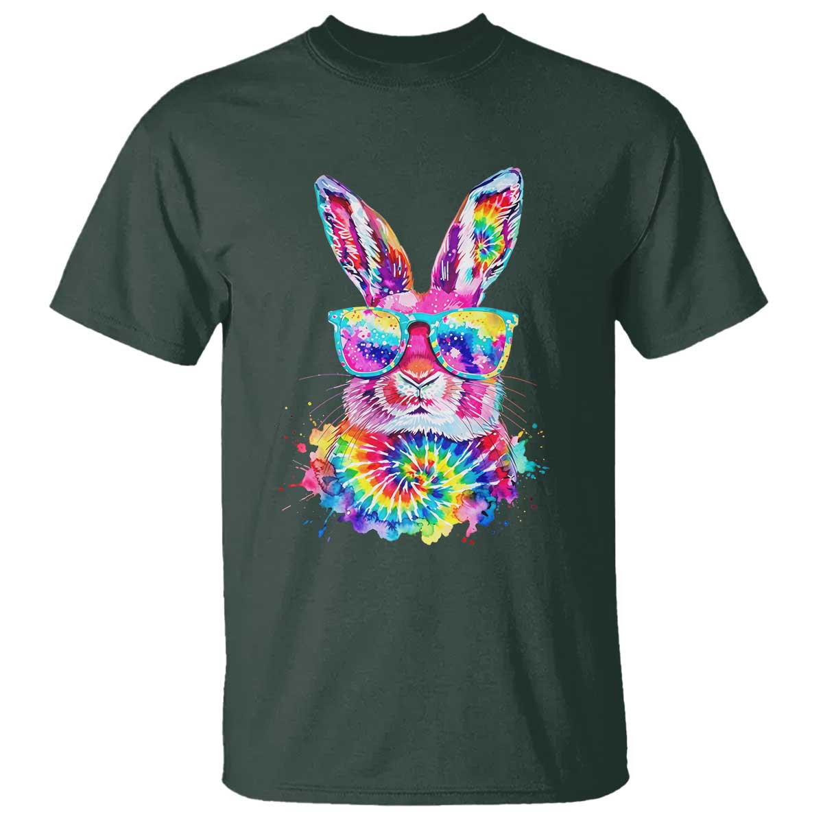 Colorful Tie Dye Bunny with Sunglasses T Shirt Cool Easter Rabbit Retro Hippie Vibe Graphic Gift