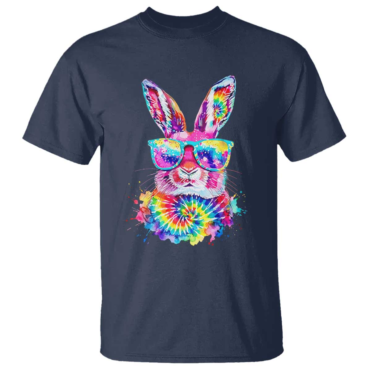 Colorful Tie Dye Bunny with Sunglasses T Shirt Cool Easter Rabbit Retro Hippie Vibe Graphic Gift