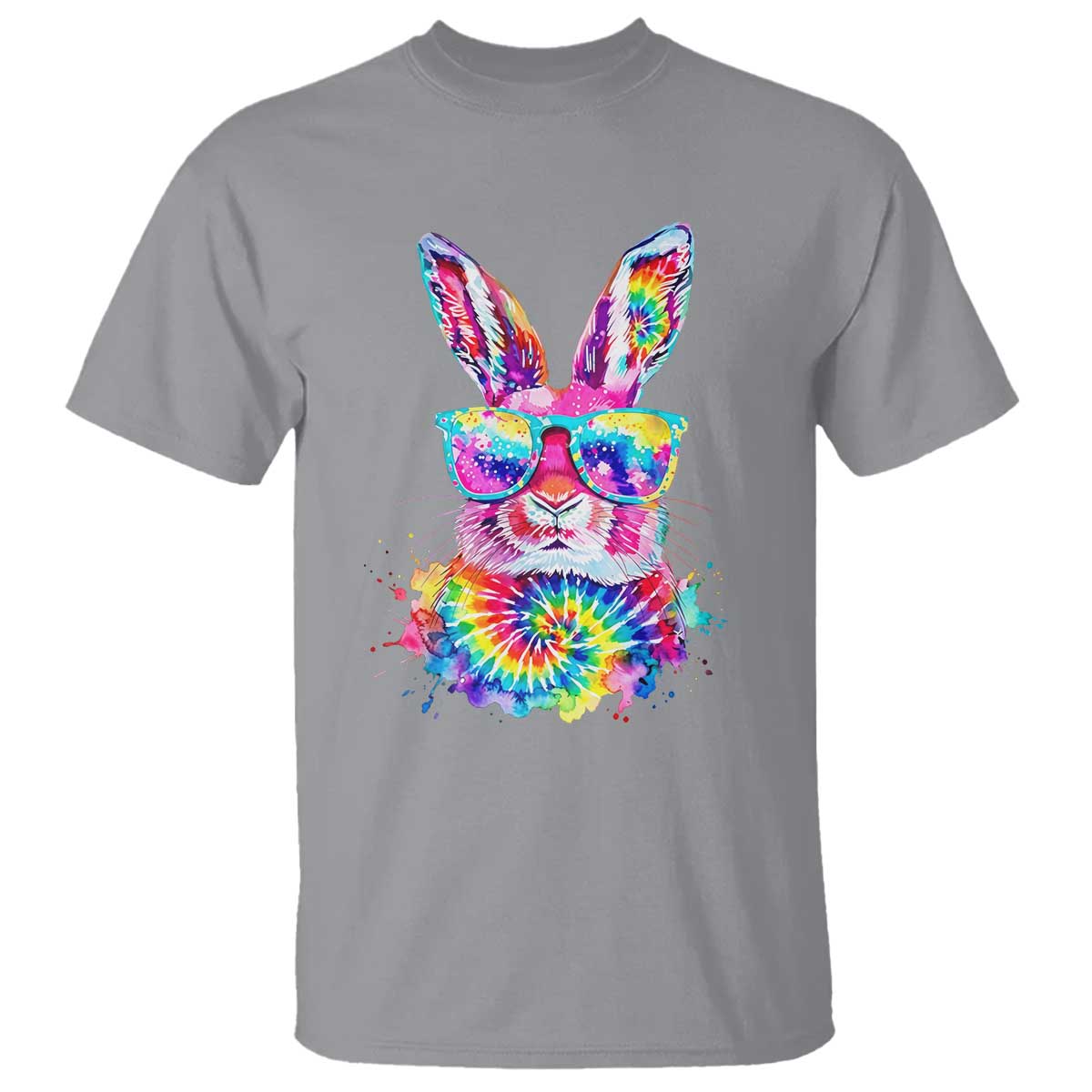 Colorful Tie Dye Bunny with Sunglasses T Shirt Cool Easter Rabbit Retro Hippie Vibe Graphic Gift