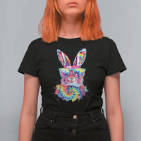 Colorful Tie Dye Bunny with Sunglasses T Shirt For Women Cool Easter Rabbit Retro Hippie Vibe Graphic Gift