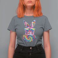 Colorful Tie Dye Bunny with Sunglasses T Shirt For Women Cool Easter Rabbit Retro Hippie Vibe Graphic Gift