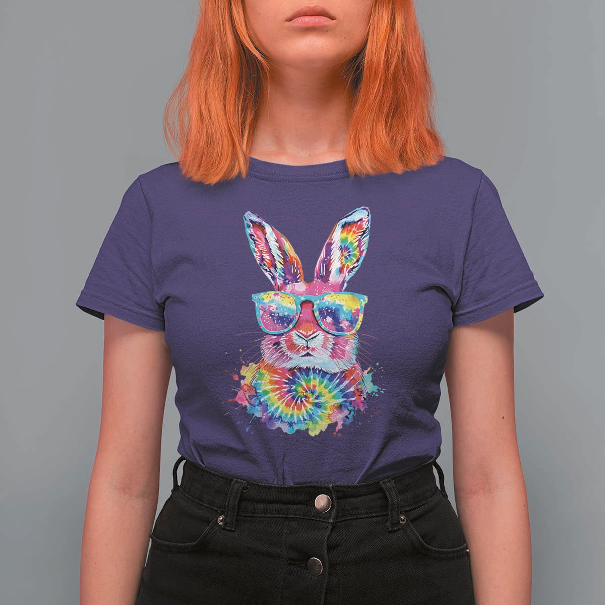 Colorful Tie Dye Bunny with Sunglasses T Shirt For Women Cool Easter Rabbit Retro Hippie Vibe Graphic Gift